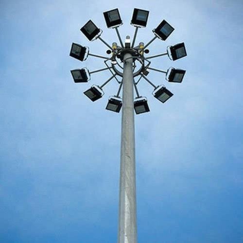 High mast pole with a raised lantern ring of floodlights
