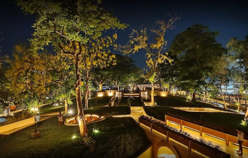 Trees and pathways lit at Hengrabari Park
